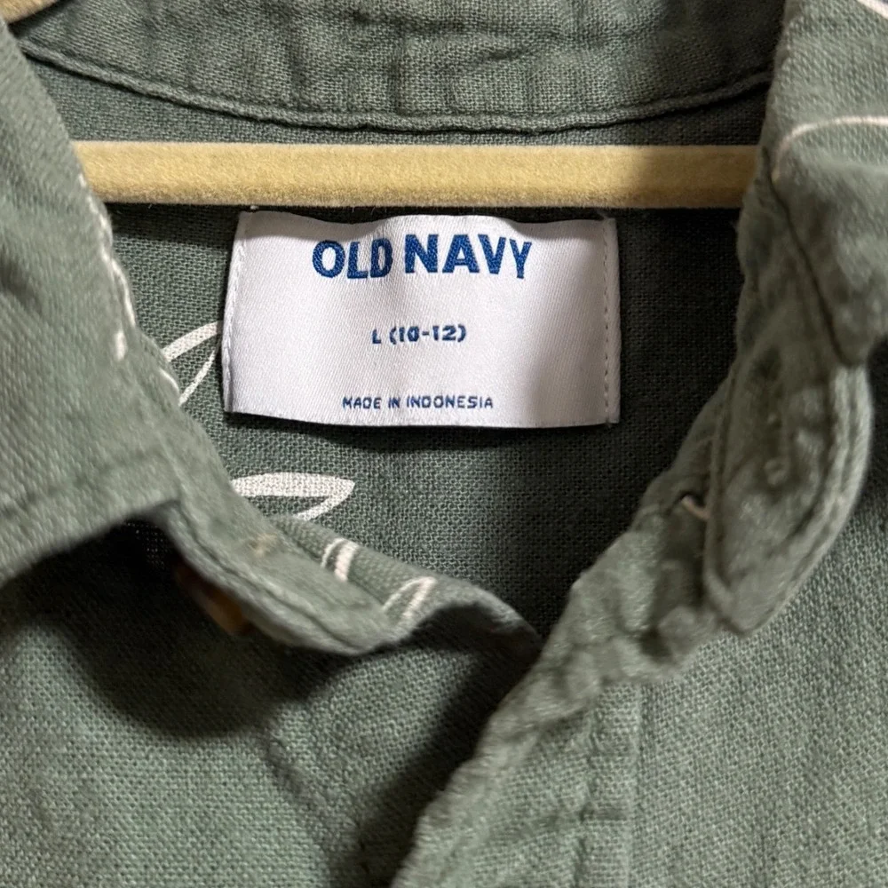 Old Navy Boys Large 10-12 Olive Green Floral Linen Blend Button Down Shirt